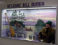 A diorama welcoming Bill to a school